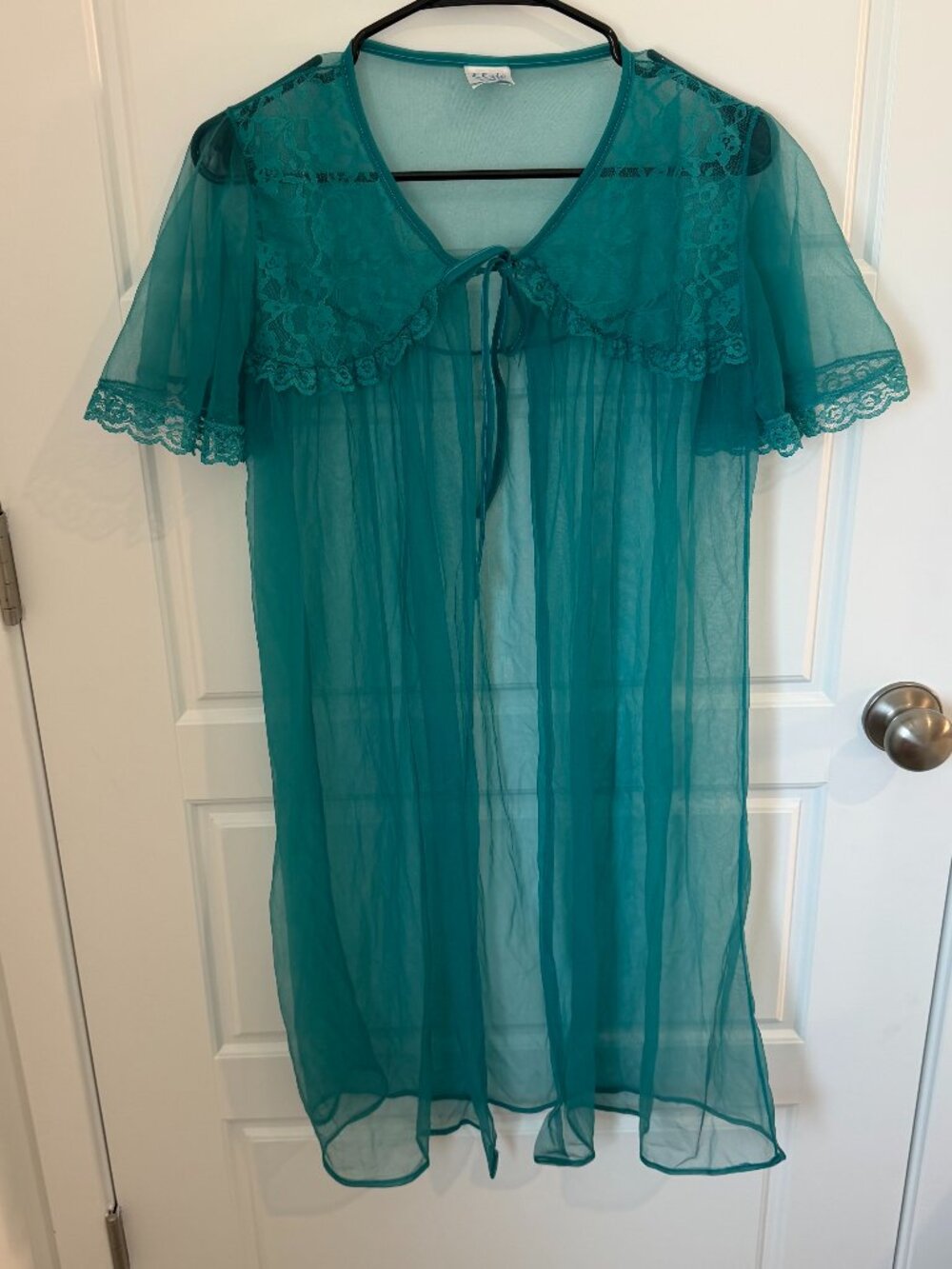 Vintage Elsie of Miami Aqua Sheer Lace Peignoir Robe Nylon Tie Front Small USA